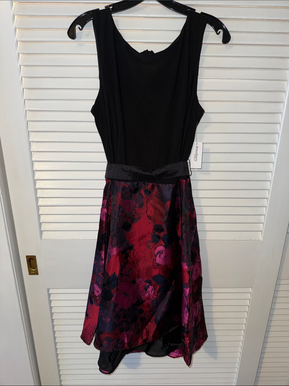 Roz & Ali Black Bodice with Burgundy Floral High-Low Dress